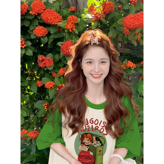 Raglan short-sleeved T-shirt for women in summer dopamine wear design niche cute sweet art raw milk good top