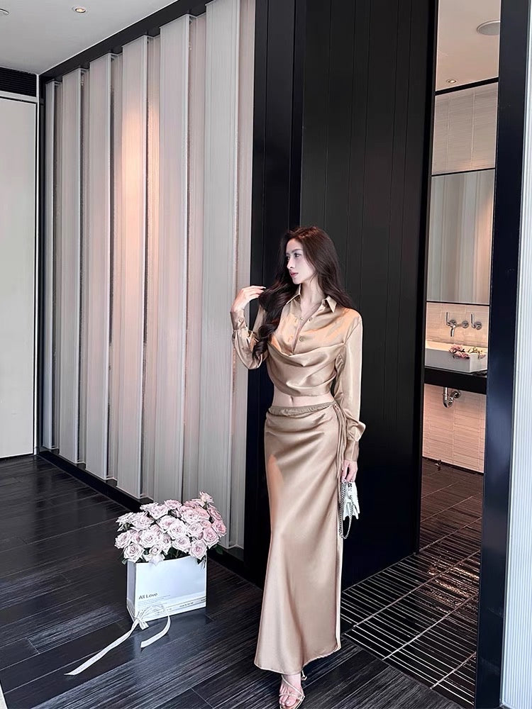 For Fay Golden Muse Temperament Waist Backless Shirt + Low Waist Hip Covering Half-length Skirt Satin Suit for Women