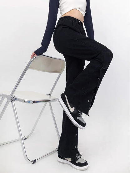 Micro-flare slit jeans for women plus size fat MM high-waist slim loose wide-leg pants pear-shaped body pants American style A3364