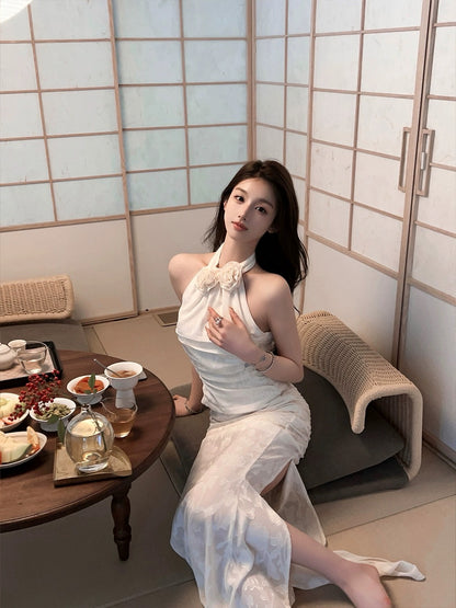 FairyJiang Spring Lace Halter White Vest Suit Women's Long Slit High Waist Skirt Two-piece Set