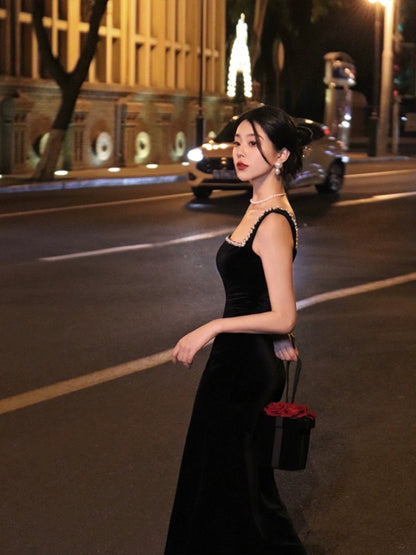 Thirteen and Little French suspender dress female summer slim slit diamond Hepburn style velvet black dress