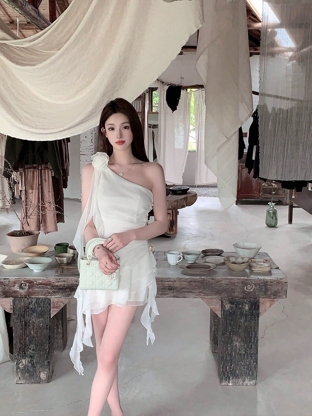 FairyJiang summer new white oblique shoulder chiffon dress waist short fairy cake skirt with flowers
