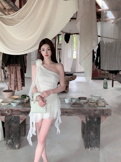 FairyJiang summer new white oblique shoulder chiffon dress waist short fairy cake skirt with flowers