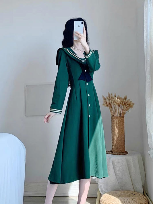 Autumn clothing 2023 new women's skirt waist slimming French retro age-reducing sweet temperament navy style dress