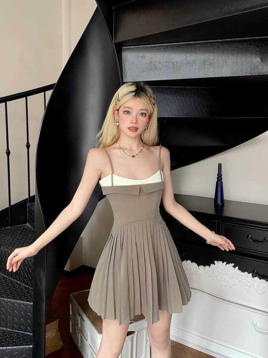 MOXI summer new brown suspender waist commuting stitching pleated A-line dress