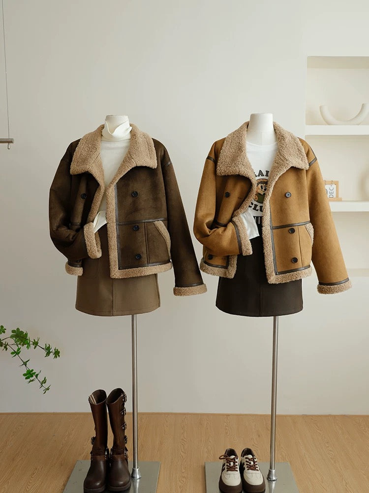 Candy candy fur one-piece lamb hair short coat for women 2023 new winter suede motorcycle jacket