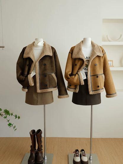 Candy candy fur one-piece lamb hair short coat for women 2023 new winter suede motorcycle jacket