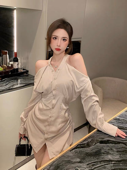Pure lust style shirt dress for women in autumn and winter new style waist slimming halterneck off-shoulder chic and stunning skirt