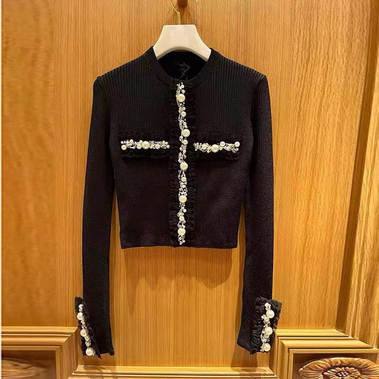 Elegant diamond-encrusted little fragrance 2023 new autumn French lady style age-reducing knitted card-waist bottoming shirt