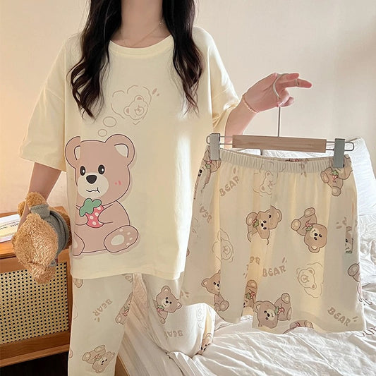 women's short-sleeved trousers summer cotton thin junior high school students 13 girls big children cartoon cute three-piece set