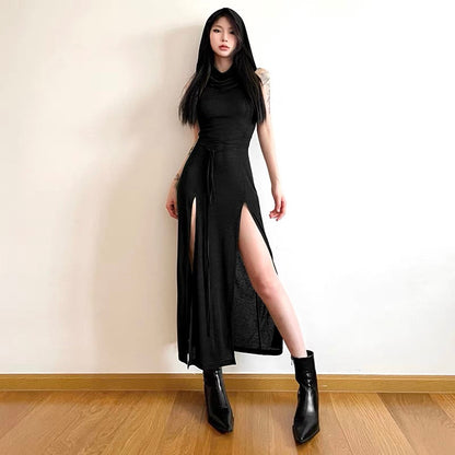SylCue Dune Wasteland Style Sexy Sleeveless Dress Women's Slim and Height Slit Hooded Long Skirt