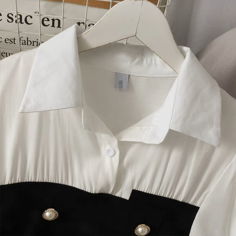 French niche contrasting color stitching double-breasted waisted shirt for women 2023 new slim fit long-sleeved bottoming top