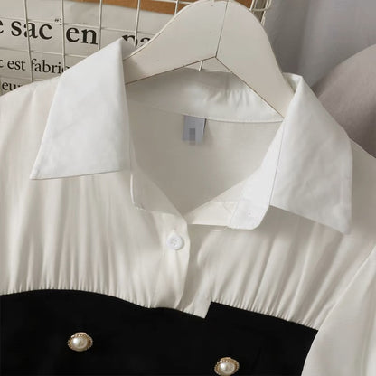 French niche contrasting color stitching double-breasted waisted shirt for women 2023 new slim fit long-sleeved bottoming top
