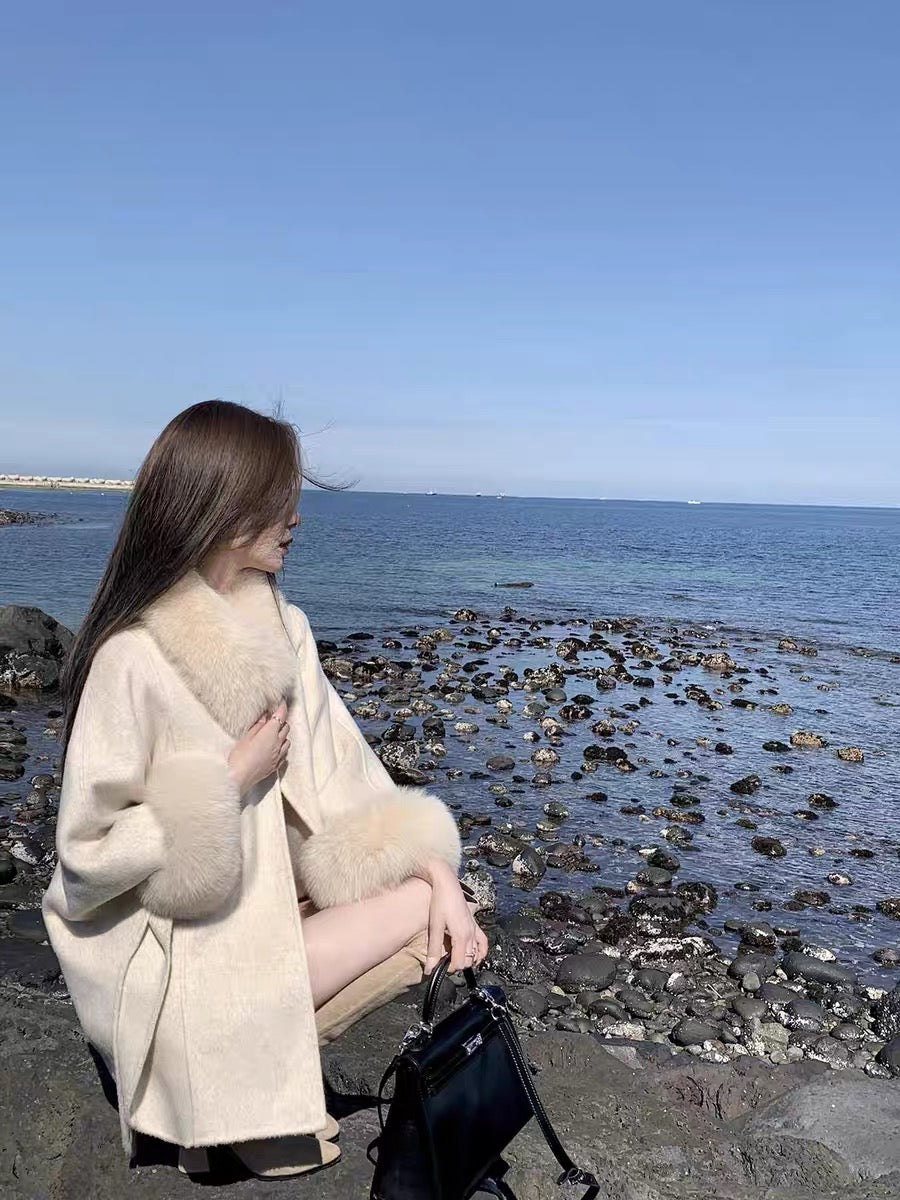 [Iceland Lovers] du family color fox fur double-sided woolen coat thick autumn and winter temperament cape style coat women's woolen coat A3312