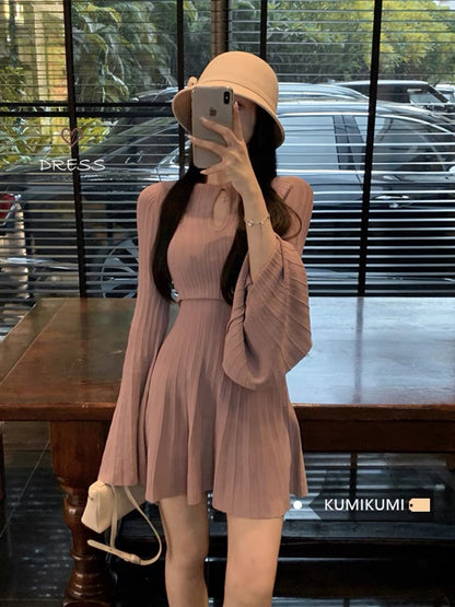 Kumikumi design hollow bell sleeve knitted dress for women in autumn pure desire waist A-line skirt short skirt