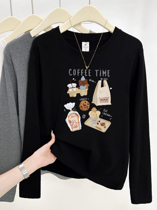2025 Early Autumn New Style Bottoming Shirt Western Style Straight Shoulder Women's Long Sleeve T-shirt Round Neck College Style Letter Printed Top