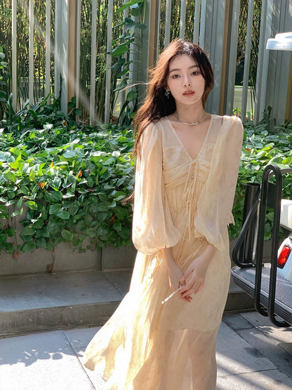 ByYou Spring New Style Puff Sleeve V-neck Printed Yellow Dress Long Two-piece Set Includes Suspender Skirt