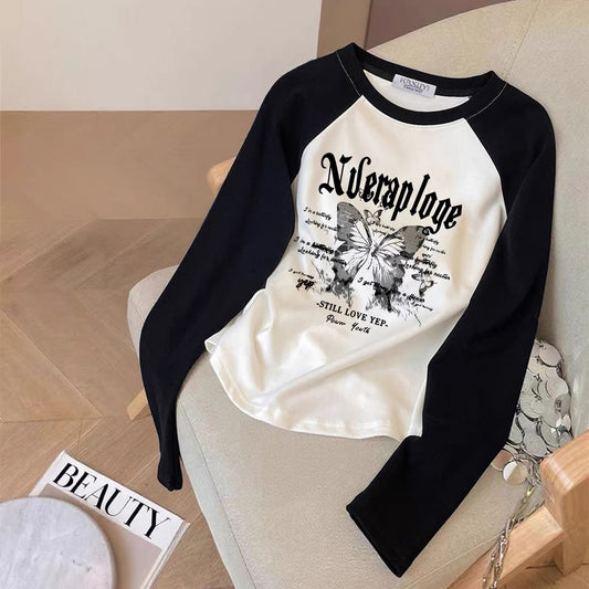 Contrast color pure cotton inner wear design sense splicing long-sleeved T-shirt female 2025 autumn and winter new European goods loose slim top M