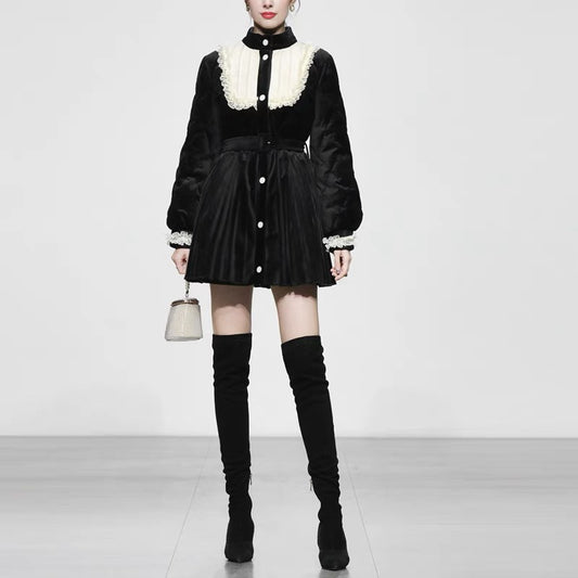 Winter women's clothing 2023 new contrast color stand collar waist mid-length down jacket black thickened white duck down trendy