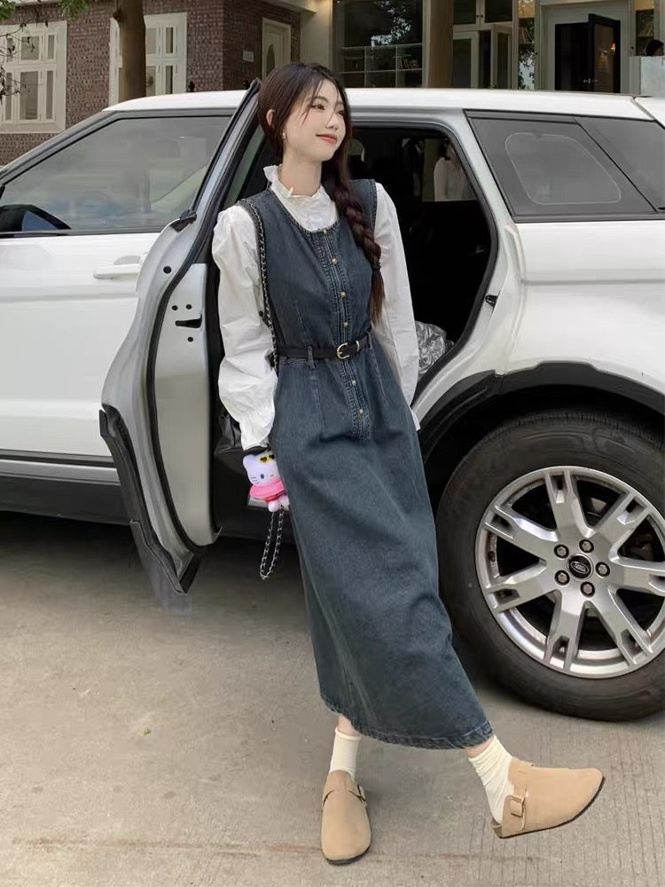 Early autumn new temperament retro denim dress suit women's suspender long skirt stand collar white shirt two-piece set (S0971)