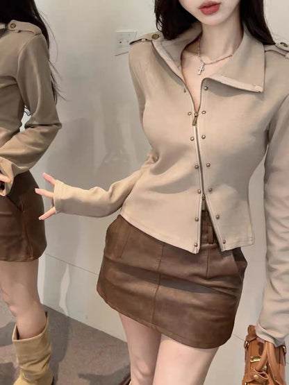 American autumn and winter retro design half-high collar diagonal double zipper rivet sweatshirt jacket women's short cardigan long-sleeved top