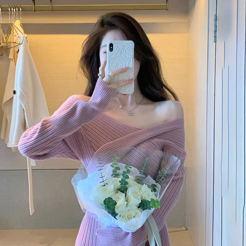 Pure lust pink off-shoulder knitted skirt 2023 new design v-neck slim waist and elegant hip-hugging dress A2275