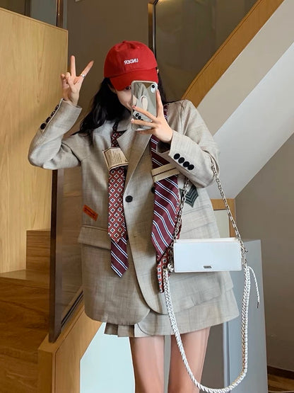 Korean version of the original college style suit suit female spring small man dress British style suit pleated skirt two-piece set