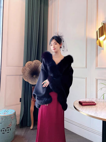 Mid-length women's pure wool double-sided woolen fox fur collar fur republican style cape cheongsam shawl coat