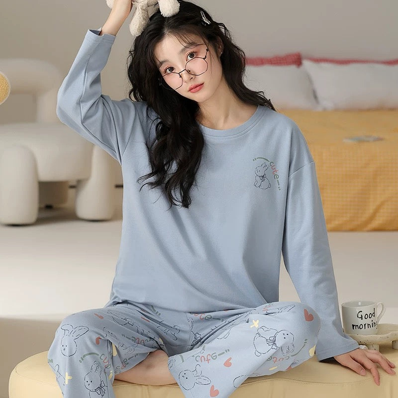 Pajamas for women Spring and Autumn 2024 new long-sleeved cotton large size summer cute autumn and winter home clothes suit