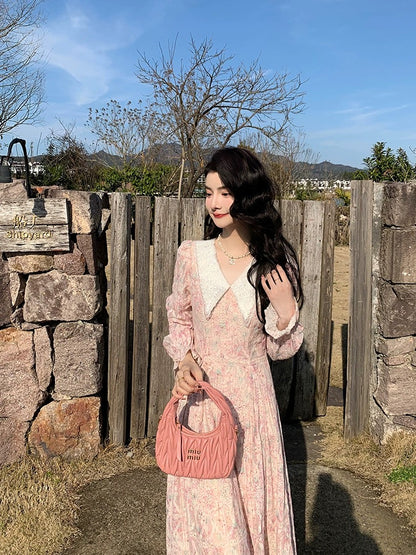 New product No. 4 French first love tea break dress seaside resort style age-reducing doll collar pink lace dress for women spring