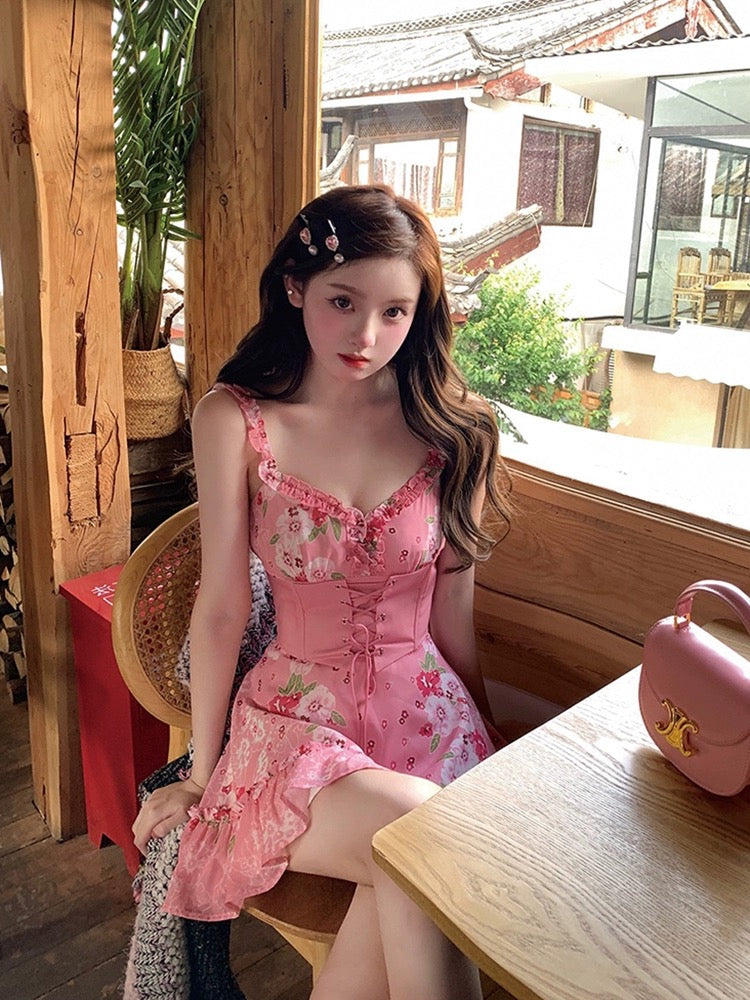 French Floral A-Line Dress Women's Summer Sweetheart Pink Princess Short Skirt 2024 Summer New Style