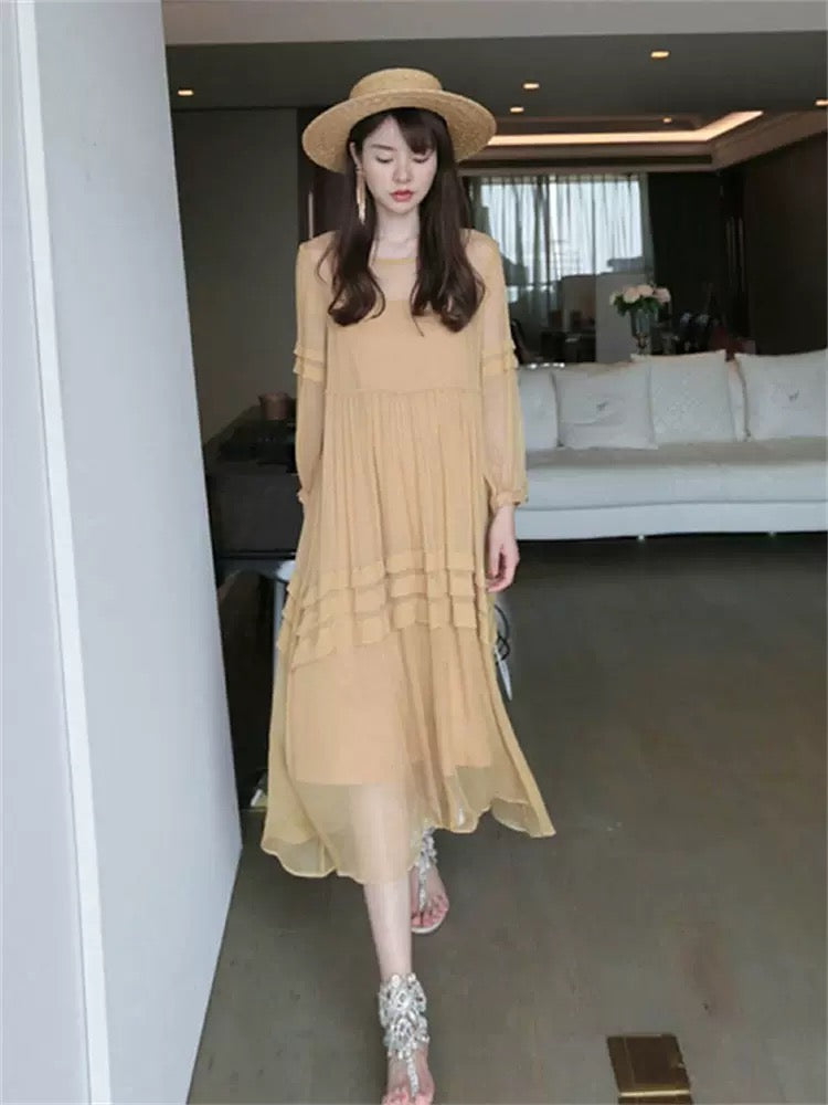 2023 new autumn women's tea break French retro gentle chiffon dress elegant lady mid-length skirt