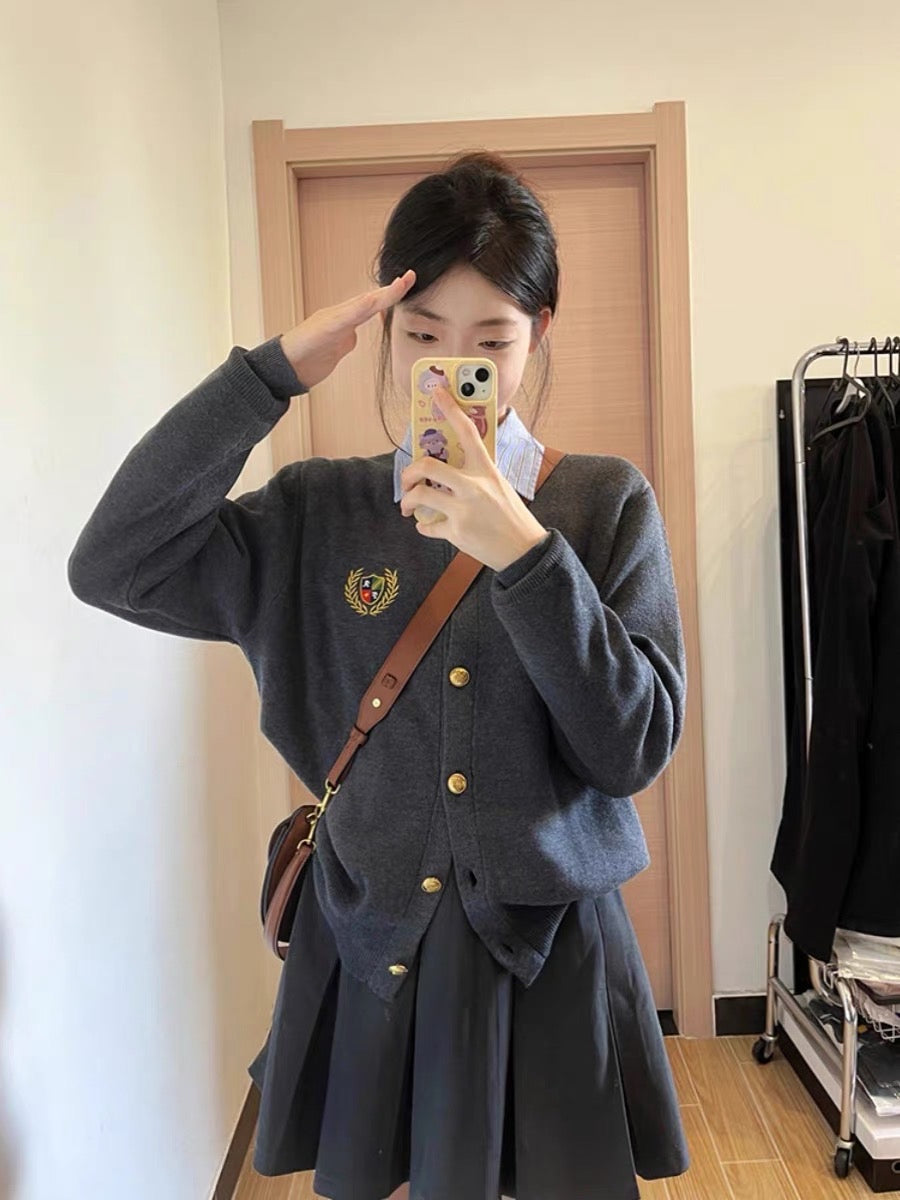Tea style small fragrance two-piece suit autumn knitted sweater cardigan British college top skirt female small