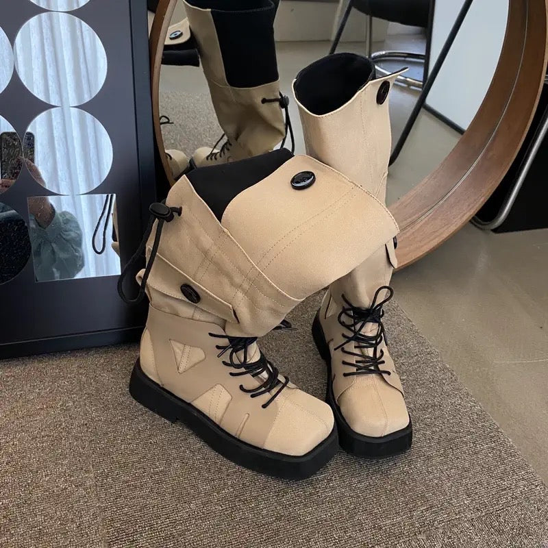 Taikula~ Retro khaki thick-soled tooling western cowboy boots outdoor mountaineering lace-up boots female knight boots