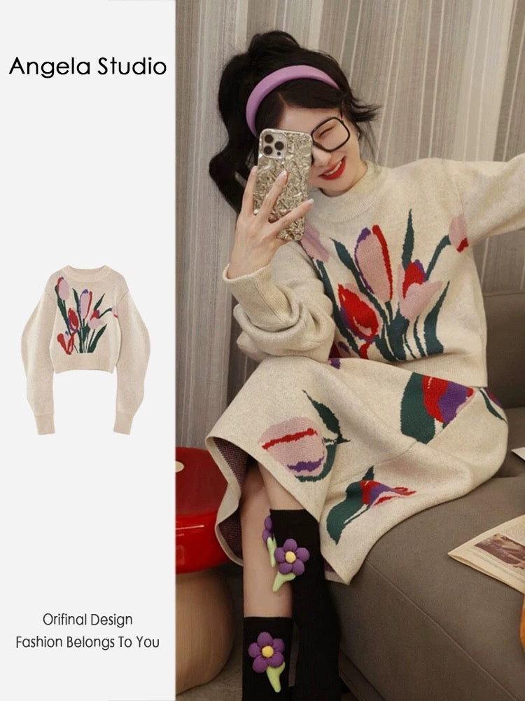 Angela Studio Lazy Tulip Jacquard Merino Sweater Mid-Length Knitted Skirt Set