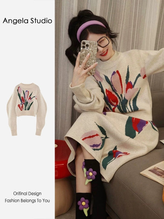 Angela Studio Lazy Tulip Jacquard Merino Sweater Mid-Length Knitted Skirt Set