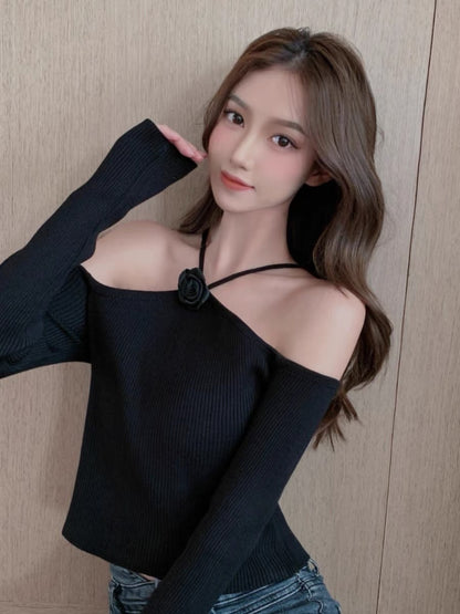 2023 early spring new women's fashionable and sexy casual bottoming shirt short off-shoulder halterneck knitted pure lust top