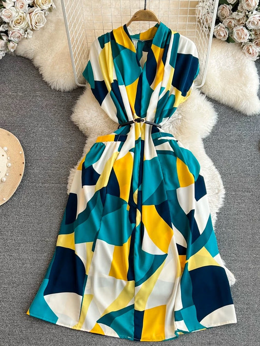 Bohemian seaside holiday beach dress gentle style short-sleeved V-neck waist medium-length A-line plaid dress