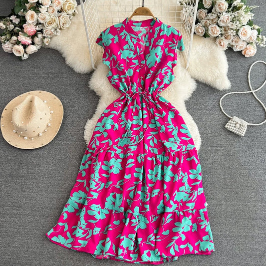 High-grade light luxury temperament flying sleeves V-neck waist slimming A-line ruffled print dress elegant long skirt