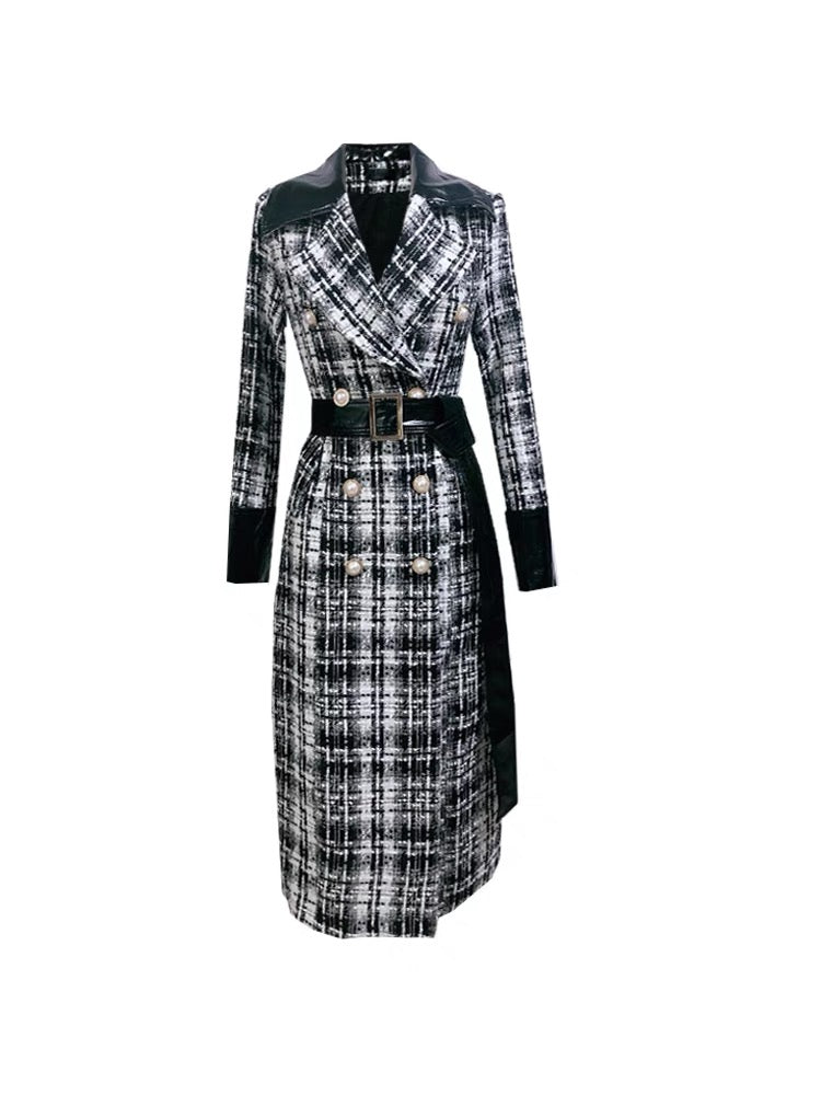 Wool plaid coat women's mid-length 2023 winter new style small fragrant style double-breasted lace-up cotton coat over the knee