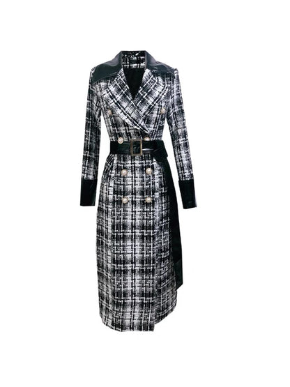 Wool plaid coat women's mid-length 2023 winter new style small fragrant style double-breasted lace-up cotton coat over the knee