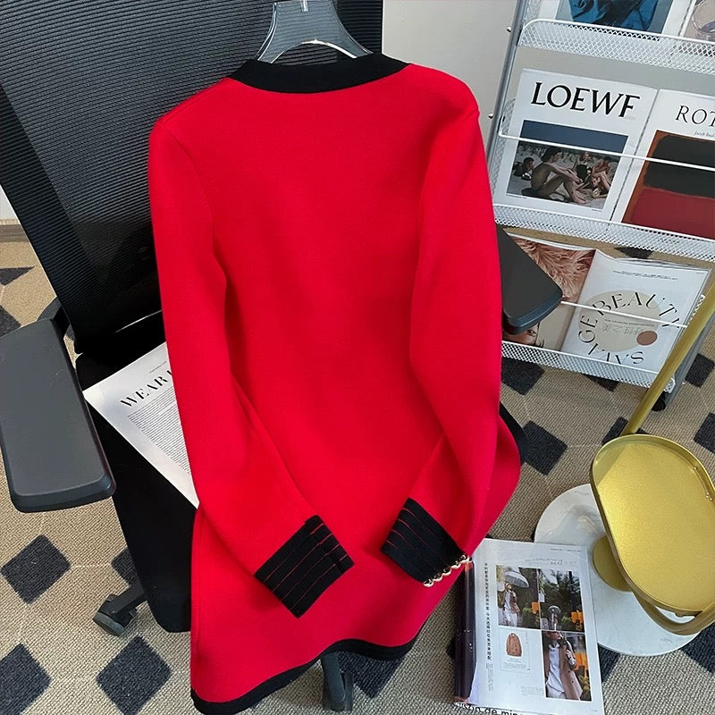 Contrast color V-neck double-breasted suit dress for women in autumn new temperament small fragrant hip skirt red knitted skirt
