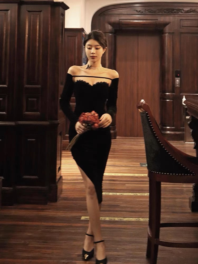 Thirteen and little velvet dress women's autumn high-end dress skirt slim slim slit long-sleeved skirt
