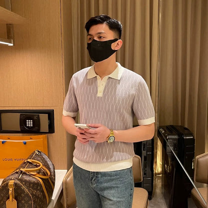 British business casual fashion men's short-sleeved T-shirts Summer new high-end diamond lapel tops polo shirts for men