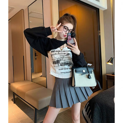 American retro sweet and spicy two-piece long-sleeved T-shirt for women in autumn design niche design bottoming shirt trendy tops (B6915)