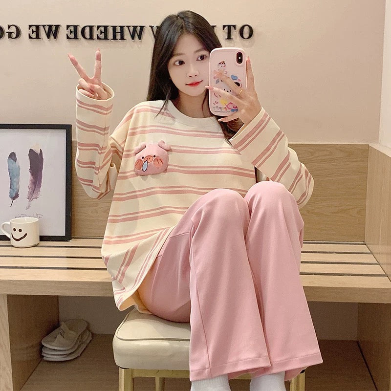 Pajamas women summer cardigan long-sleeved trousers suit summer ladies 2024 new cartoon spring autumn winter home clothes