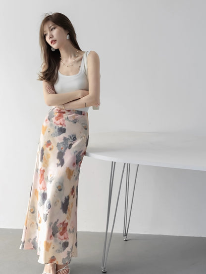 MZOMXO elegant fishtail heavyweight crepe de chine printed mid-length high waist hip-covering skirt for women