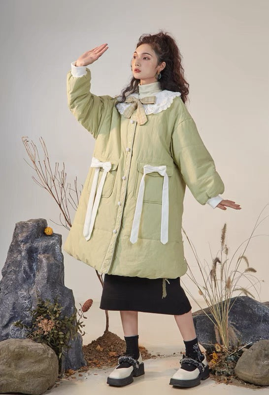RUKIA/Green Winter Cotton Clothes Women's Design Niche Mid-Length Loose Korean Style Gentle Wear Trendy Winter Clothes V1156