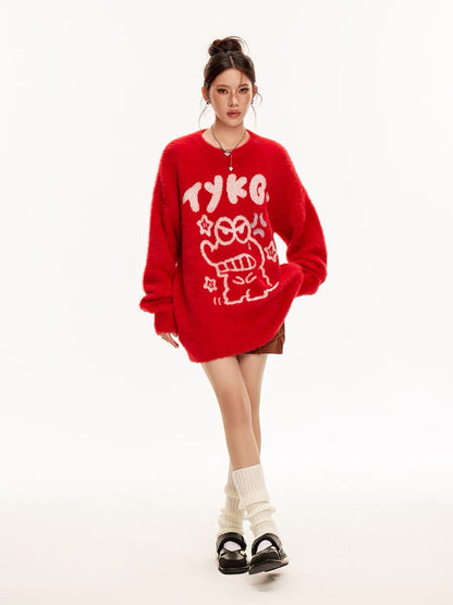 Sanowers Cartoon Cute Mink Velvet Dinosaur Jacquard Sweater Women's Loose Lazy Style Couple Knitted Sweater Top (S0667)