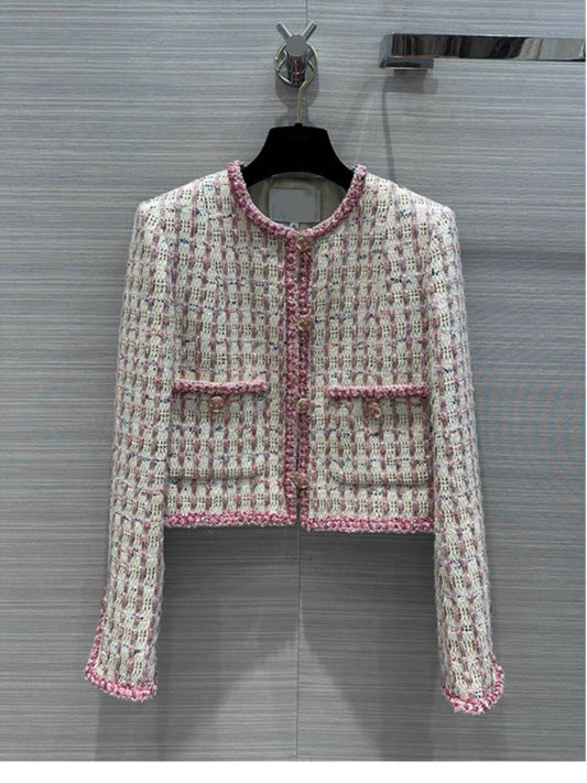 Fashionable temperament and age-reducing girl Xiaoxiangfeng 23 autumn new round neck long sleeve colorful gauze check short casual jacket